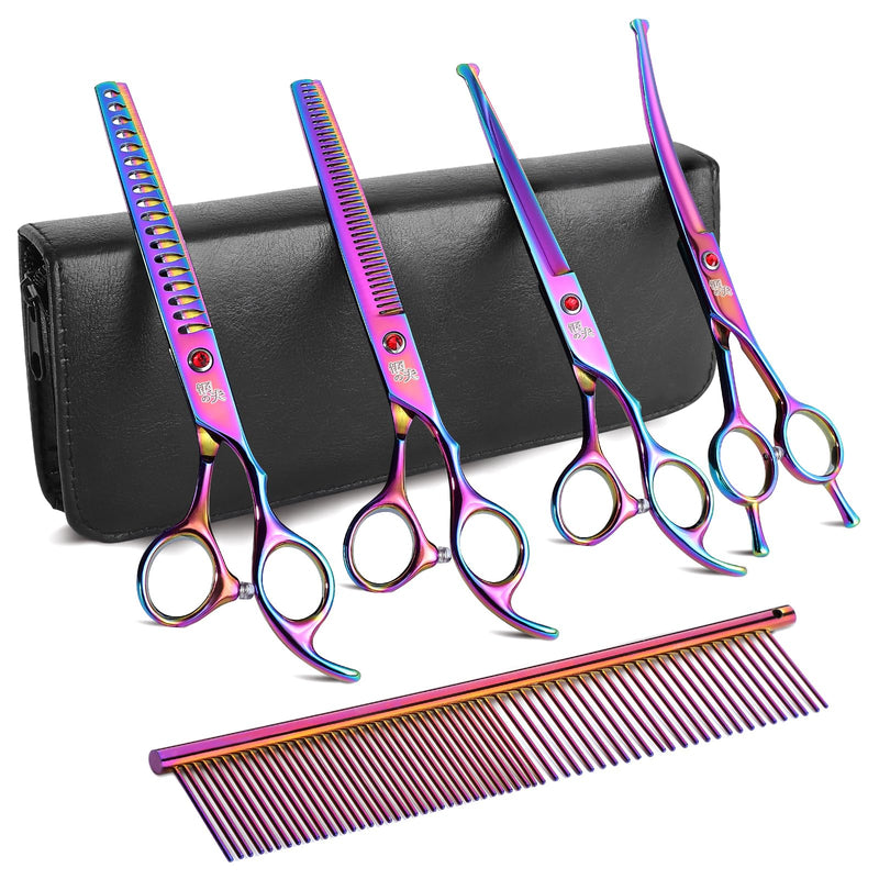 7" Dog Grooming Scissors Kit Multicolour, Premium Japanese 440C Stainless Steel Straight Scissors, Thinning Shears, Curved Scissor, Chunker Shears with Steel Comb for Precise Styling Grooming set - PawsPlanet Australia
