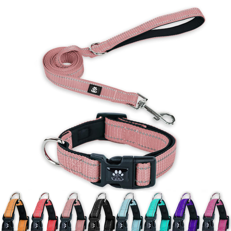 FURRYFECTION Reflective Dog Collar and Leash Set with Quick Release Buckle, Padded with Neoprene Adjustable Nylon Dog Collar for Small Medium and Large Dogs (Medium Collar+5FT Leash, Pink) Pink Collar+Leash Medium(16-20" Length,1.0" Width) - PawsPlanet Australia