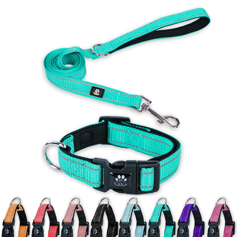 FURRYFECTION Reflective Dog Collar and Leash Set with Quick Release Buckle, Padded with Neoprene Adjustable Nylon Dog Collar for Small Medium and Large Dogs (Medium Collar+5FT Leash, Teal) Teal Collar+Leash Medium(16-20" Length,1.0" Width)