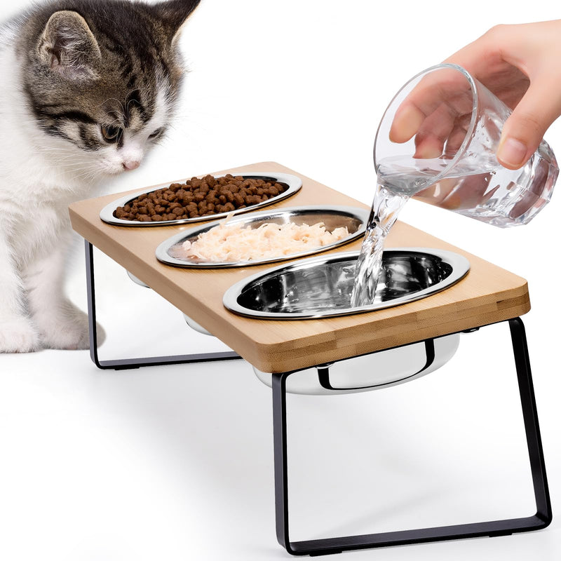 Elevated Cat Bowls for Food and Water - Loplurea 15° Tilted Raised 3 Stainless Steel Cat Food Bowl Feeder, with Bamboo Stand and Anti Vomit Feeding Station for Indoor Kittens and Pet 3 Bowls Wood Color - PawsPlanet Australia