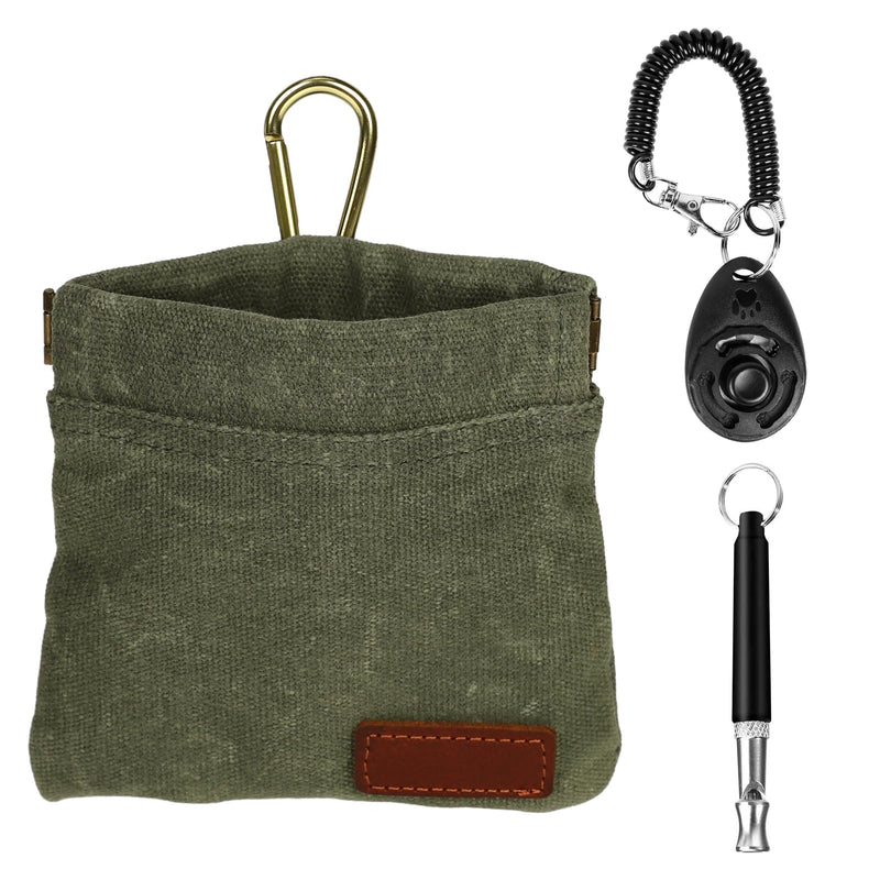 Dog Treat Pouch Training Kit, Small Puppy Treat Bag with Clip for Leash, Hands Free Auto Closure Pouches with Dog Clicker and Silent Whistle for Pet Training Olive Green - PawsPlanet Australia