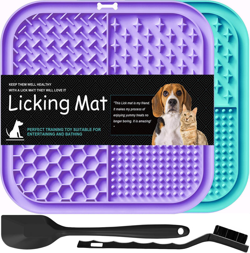 Licking Mat for Dogs & Cats 2 Pack, Slow Feeder Lick Pat, Anxiety Relief Dog Toys Feeding Mat for Butter Yogurt Peanut, Pets Supplies Bathing Grooming Training Calming Mat (Cyan&Purple) Cyan&Purple - PawsPlanet Australia