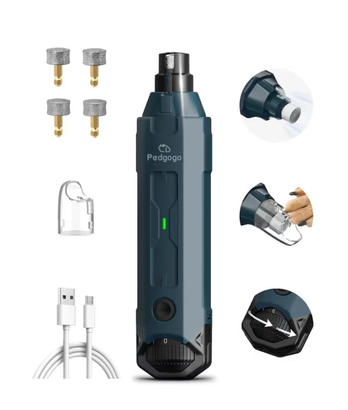 6-Speed Dog Nail Grinder& 4 Extra Grinding Heads Super Quiet (45 db)Pet Nail grinder with 2 LED Lights 12000RPM & 3 Grinding Ports with Dust Cap Dog Nail Trimmer for Large Medium Small Dogs Blue+4 Heads