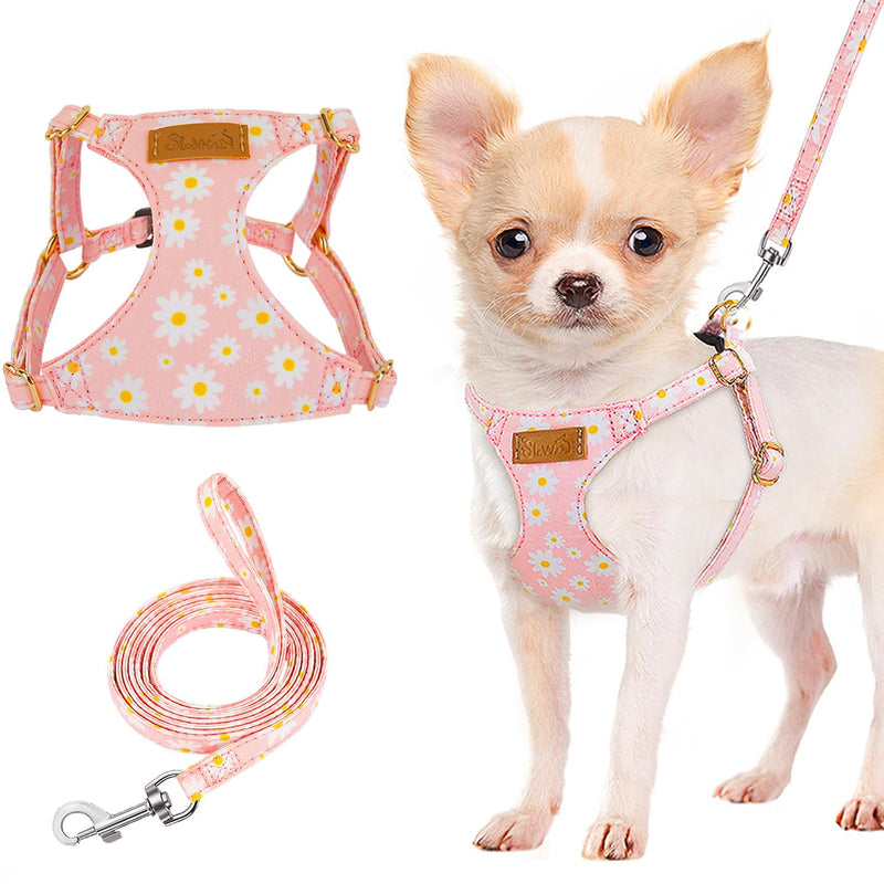Lukovee Puppy Harness and Leash Set, No Pull Lightweight Soft Suede Adjustable Pet Harness Vest with Snap Buckle for Puppy Small and Medium Size Dog (Pink-XXS) XX-Small ( 2.2-6lb ) Pink Daisy - PawsPlanet Australia