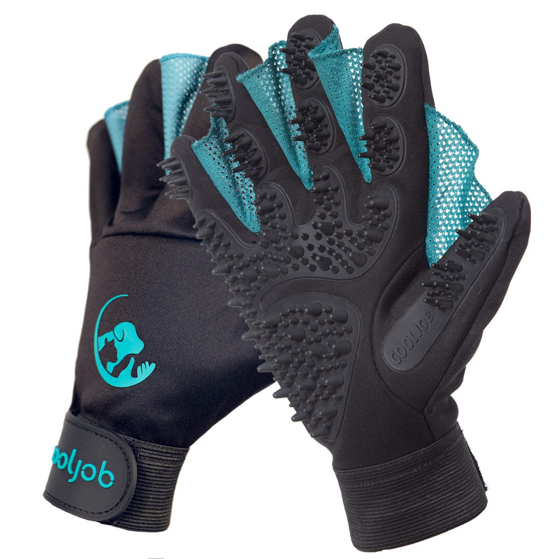 COOLJOB Patented Pet Grooming Gloves with Web, Reusable Washable Cleaning Brush Massage Hair Remover for Short Long Haired Dog Cat Horse Animal, Washing Bathing Shedding Supplies, Large, Blue Black Blue (384 tips) - PawsPlanet Australia