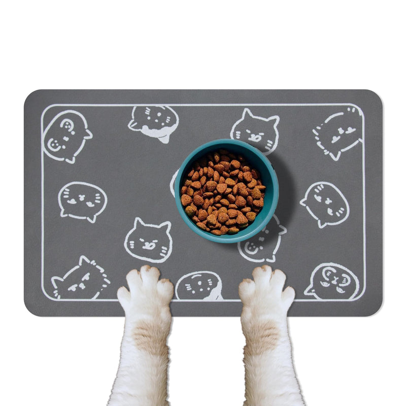 YCT Cat Food Mat for Pet Dog Food Mat, Cat Mat for Food and Water, Cat Feeding Mat Pet Dog Cat Bowl Mat, Non-Slip Super Absorbent, with Multiple cat Heads Logo，18.1 x 11.8 inches, Dark Grey 18.1x11.8 inches Dark Grey & Multiple cat heads Logo - PawsPlanet Australia