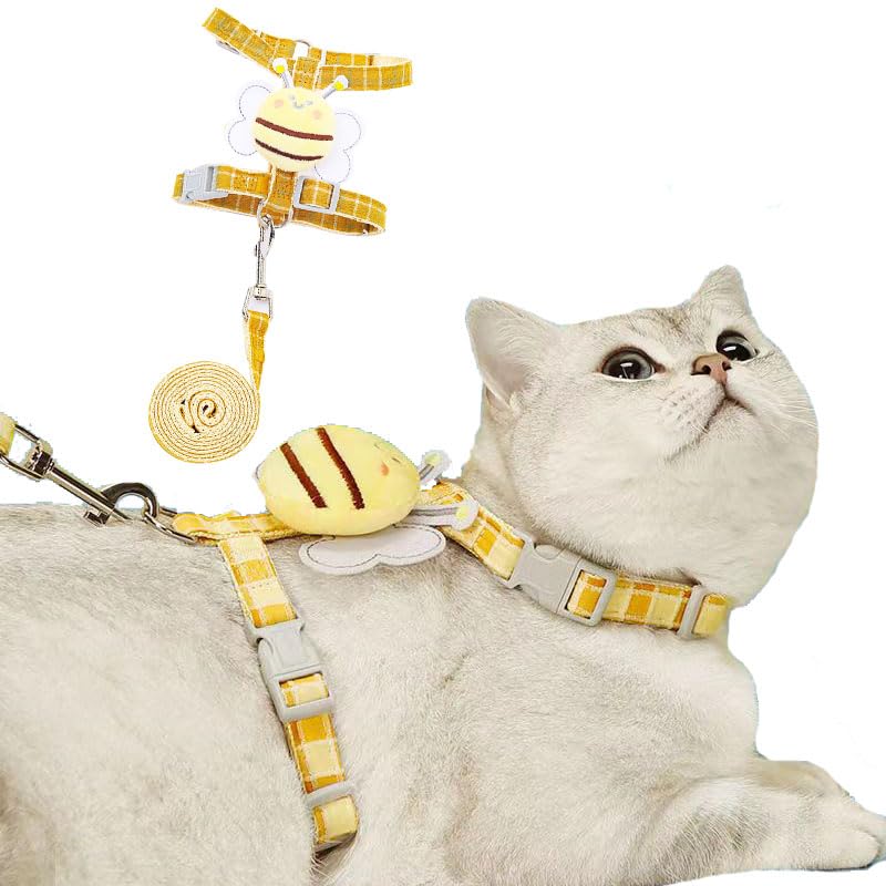 Cat Harness & Leash Set, Cats Escape Proof - Adjustable Kitten Harness for Large Small Cats, Cute Bee Plaid Lightweight Soft Petsafe Harness (Yellow Plaid Bee, S (for 3.0-6.5lb)) S (for 3.0-6.5lb) Yellow Plaid Bee - PawsPlanet Australia