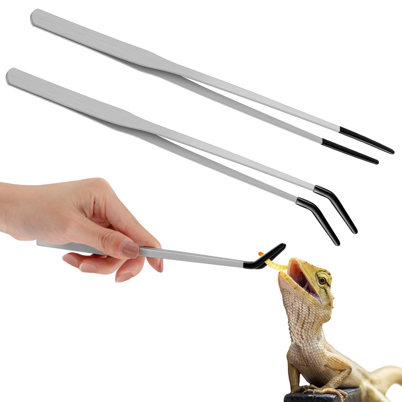 2 Pcs Extra Long Stainless Steel Reptile Feeding Tongs with Rubber Tip Bearded Dragon Aquarium Straight and Curved Long Tweezer Terrarium Feeder Tool for Tank(Silver, 10 Inch, 10.5 Inch) Silver - PawsPlanet Australia