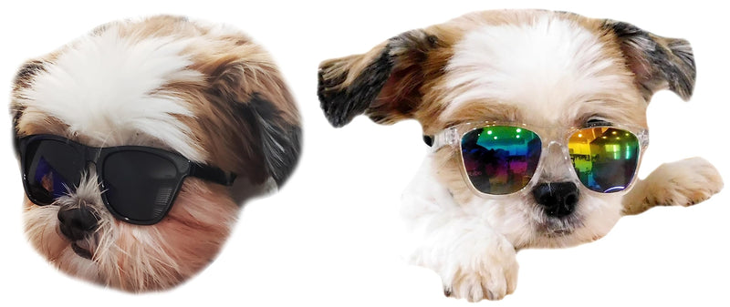 G014 Dog Cat Pet 80s Sunglasses Goggles for Small Breeds up to 15lbs (2-Pack Black+ Clear-Rainbow Mirror) 2-pack Black+ Clear-rainbow mirror