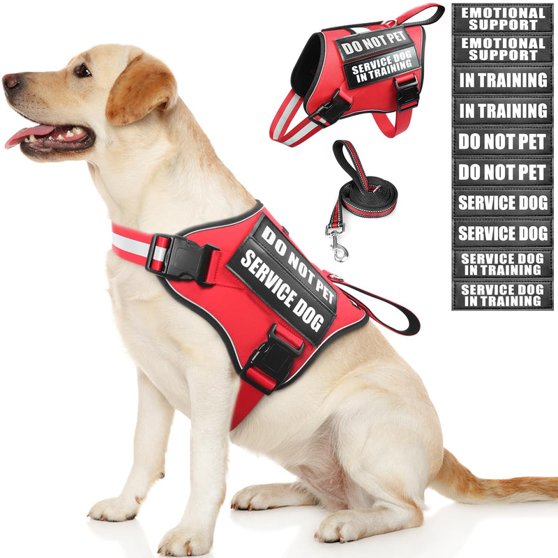 Service Dog Vest Harness and Leash Set+10 Patches,No Pull&Adjustable Reflective Dog Harness with Soft Padded Handle for Training/Everyday,Fit Small/Medium/Large/Extra-Large Dogs(Red L) Large Red - PawsPlanet Australia