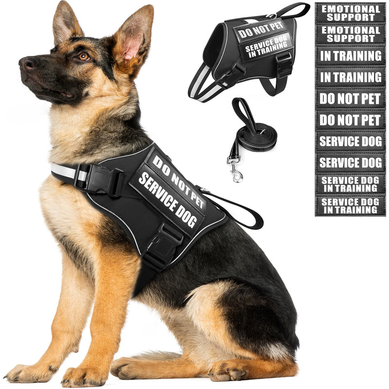 Service Dog Vest Harness and Leash Set+10 Patches,No Pull&Easy Walk Reflective Dog Harness with Soft Padded Handle for Training/Everyday,Fit Small/Medium/Large/Extra-Large Dogs(Black XL) Extra-large Black - PawsPlanet Australia