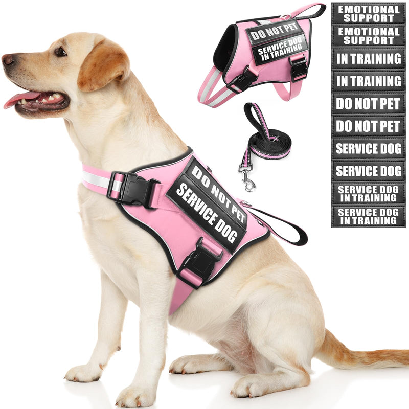 Service Dog Vest Harness and Leash Set+10 Patches,No Pull&Easy Walk Reflective Dog Harness with Soft Padded Handle for Training/Everyday,Fit Small/Medium/Large/Extra-Large Dogs (Pink L) Large Pink - PawsPlanet Australia