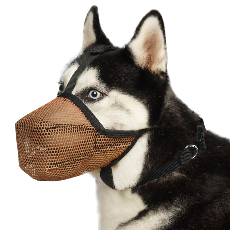 Mayerzon Dog Muzzle, Soft Mesh Muzzles for Large Medium Small Breed Labrador Retriever Husky Beagle Poodle, Adjustable Dog Mouth Guard for Scavenging Licking Grooming, with Matching Collar(XL, Brown) XL-(Snout:12½"-13¾")