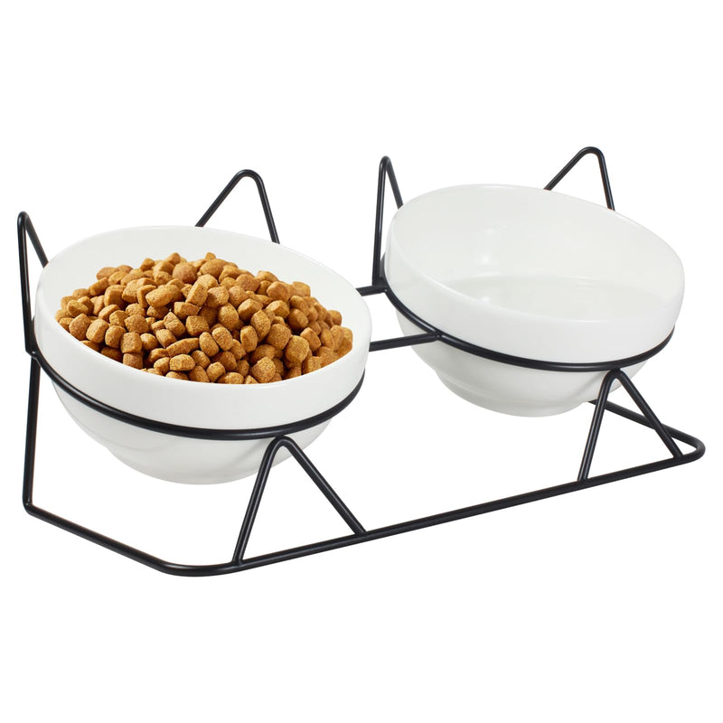 Elevated Tilted Cat Bowls for Indoor Cats，Raised Ceramic Cat Bowl Elevated 15°,Pet Feeding Bowls for Food and Water Anti Vomiting Bowl(Double Ceramics Bowls and Tilt Shelf) Suitable for All Cat Sizes - PawsPlanet Australia