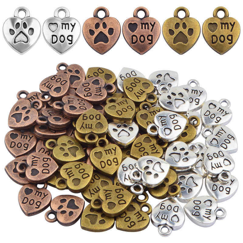 60pcs Love My Dog Lettering Word Charms Tibetan Alloy Heart Dog Paw Print Pendants Double-Sided Animal Pet Puppy Footprint Charms for DIY Necklace Bracelet Jewelry Making, 3 Colors - PawsPlanet Australia