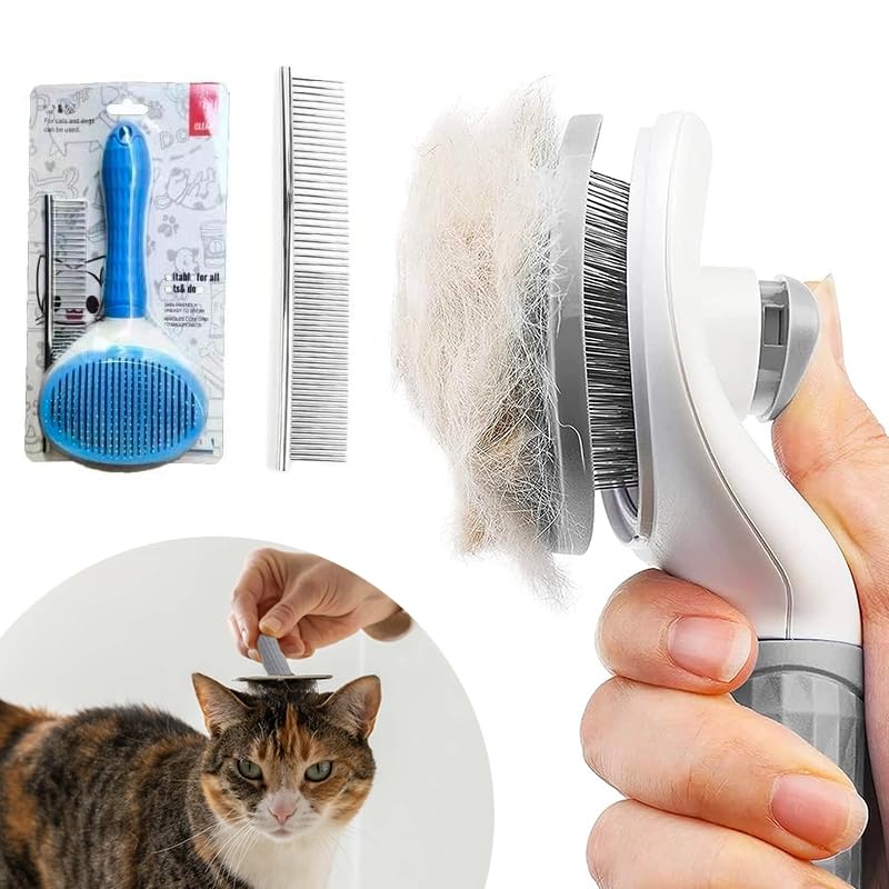 Cat Brush for Shedding Dog Brush with Release Button Hair Comb, Cat Grooming Slicker Brushes Kit, Self Cleaning for Dog Pet, Cat Fur Brush for Long or Short Haired Cats Kitten Pets (Grey) - PawsPlanet Australia