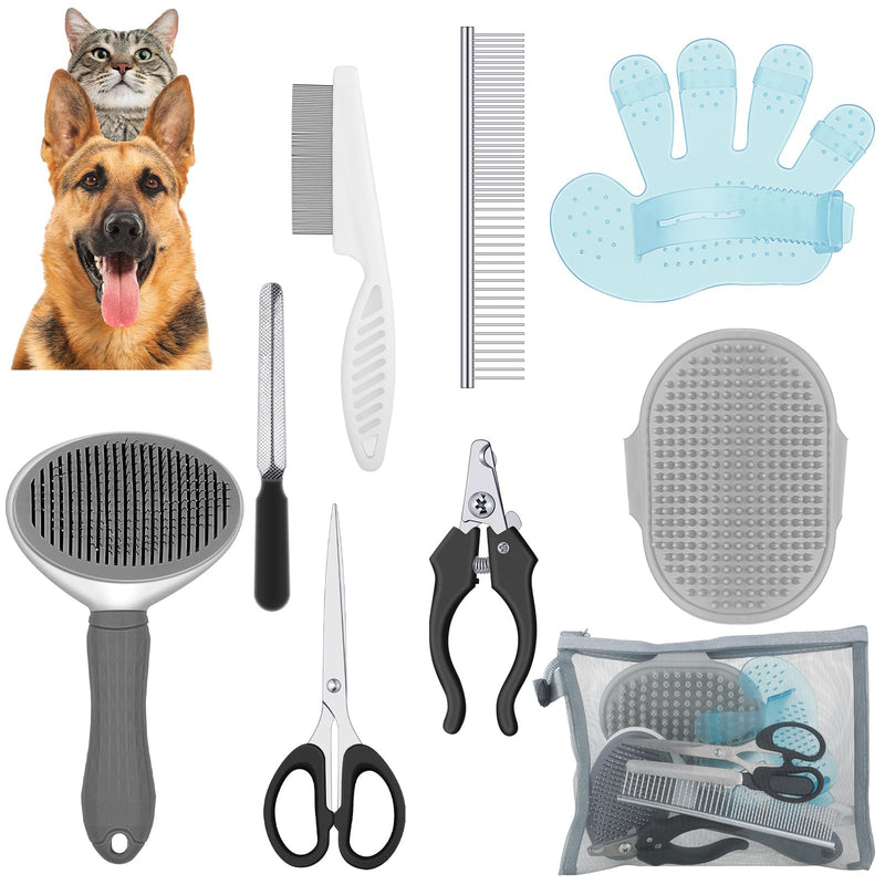 Yaomiao 9 Pcs Pet Grooming Kit - Self Cleaning Slicker Brush, Shedding Comb, Nail Clippers, File, Scissors with Adjustable Strap for Dogs and Cats Classic Color - PawsPlanet Australia