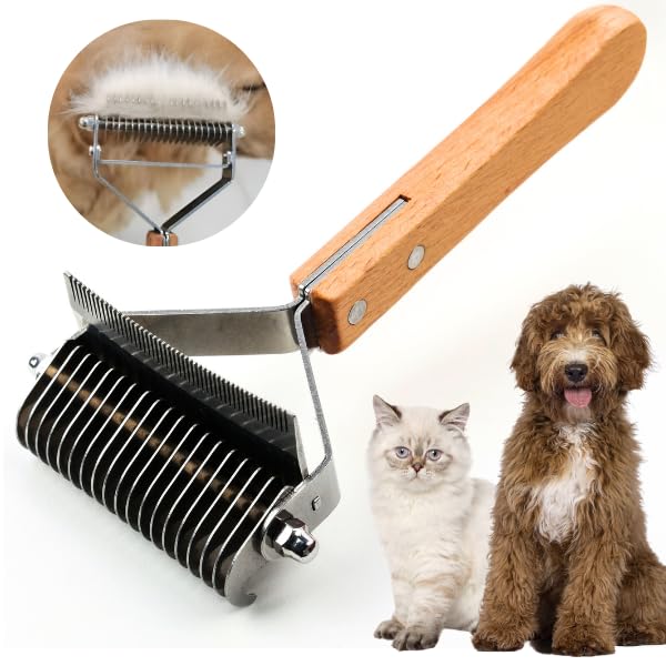 2 in 1 Undercoat Rake for Dogs and Cats, Professional Grooming Brush Dematting & Shedding Comb to Remove Loose Hair, Matted Fur Efficiently, Perfect for Poodle, Doodle & All Long Haired Pets Wood - PawsPlanet Australia