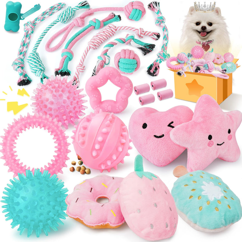 XIUGOAL Pink Puppy Toys for Boredom - 23 Pack Puppy Chew Toys for Teething, Interactive Dog Toys for Puppies, Cute Small Dog Toys with Treat Ball, Squeaky Dog Chew Toys and Ropes A - 23 Pack - PawsPlanet Australia