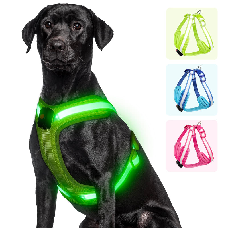 Light Up Dog Harness - LED Dog Harness Rechargeable, No Choke Illuminated Glow Dark Harness Vest Waterproof for Medium Large Dogs for Camping Night Safety Walking-Green,L Green - PawsPlanet Australia