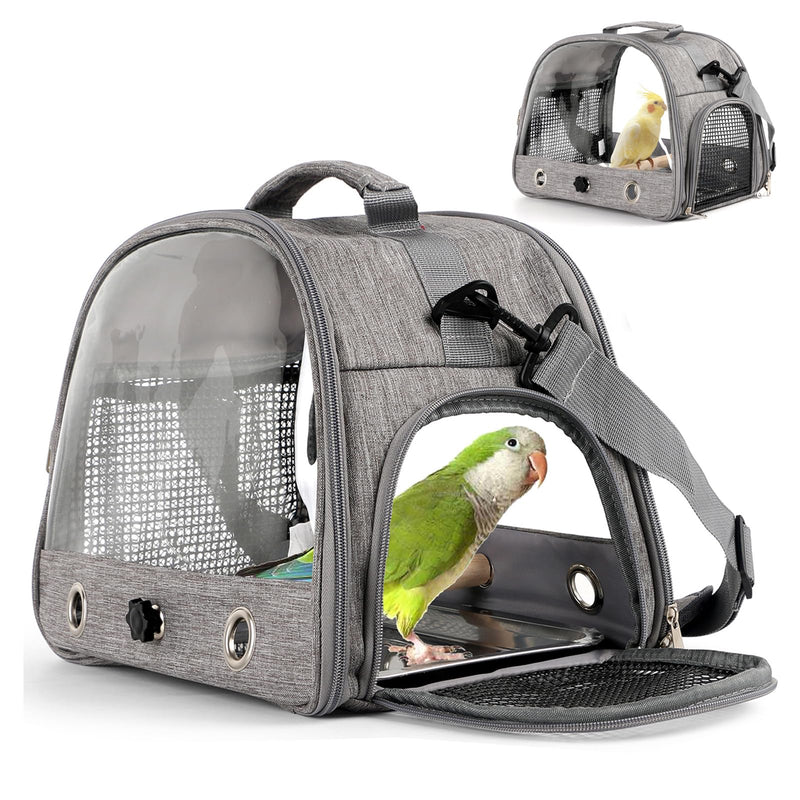 Bird Travel Carrier with Perch Parakeet Backpack Carriers with Stainless Steel Plate Portable Pet Carrier Bag for Bird Cage Accessories Transparent Travel Carrier Cage for Budgie Conure Cockatiel Grey - PawsPlanet Australia
