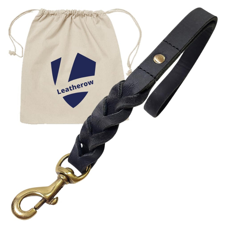 Leather Short Dog Leash - 15 Inch Traffic Lead for Large Dogs - Braided Leather Tab - Full Grain Heavy Duty (Black) Black - PawsPlanet Australia
