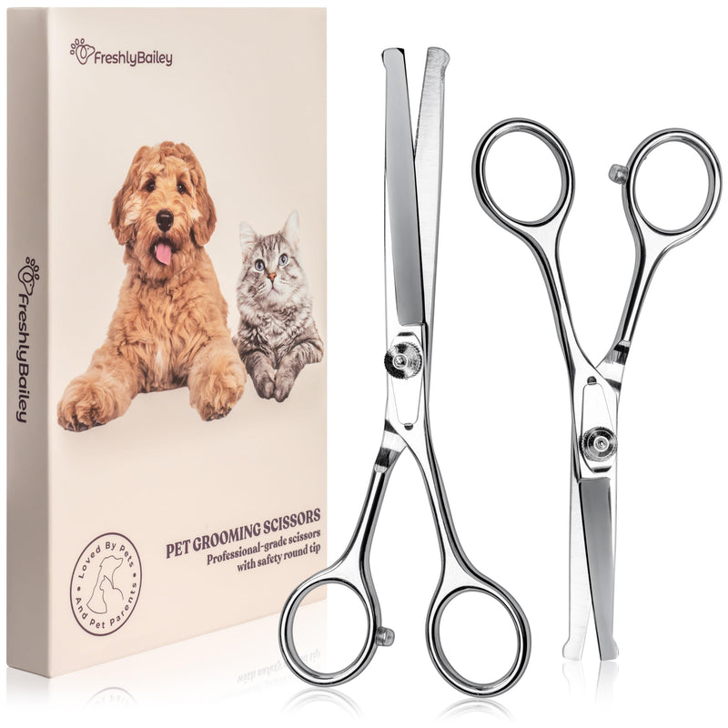 Pet Grooming Scissors Set With Round Tips For Dogs & Cats - Professional Grade Shears Safely Cut Through Dog or Cat Hair - Fur Trimming Made Easy - (Set of 2) - PawsPlanet Australia