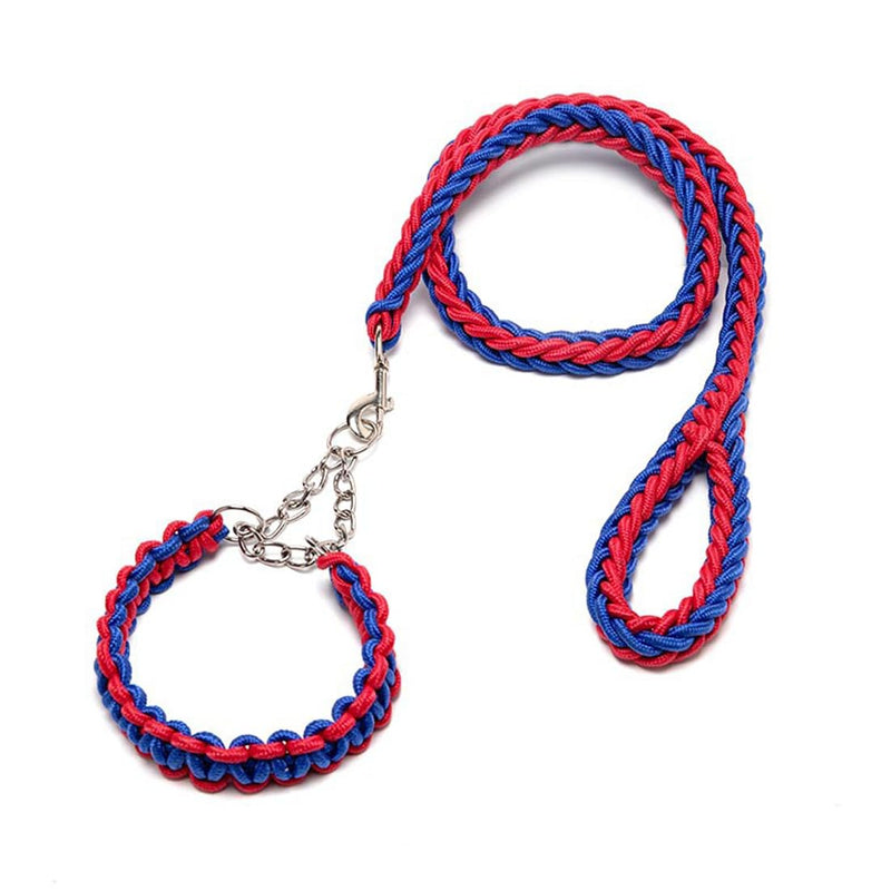 Heavy Duty Nylon Dog Collar Leash Set 8 Strand Rope Braided Adjustable Dog Training Collar for Small, Medium, Large Dog (Small, Blue and Red) - PawsPlanet Australia