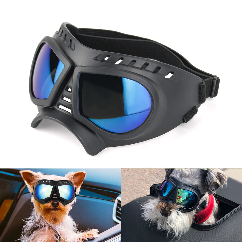 Small Dog Goggles Windproof for Small-Medium Breeds Dog Sunglasses Anti-UV with Adjustable Straps - Blue Blue Lenses