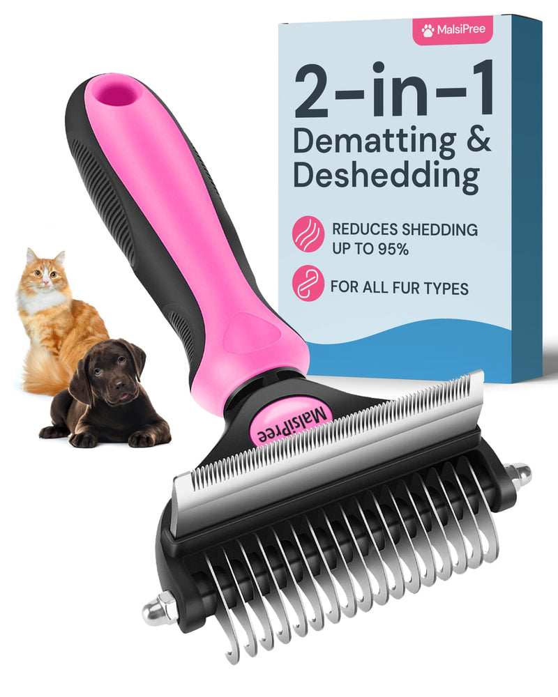 MalsiPree Pet Grooming Brush and Undercoat Rake for Dogs and Cats, 2-in-1 Pink Deshedding & Dematting Tool for Mats & Tangles - Pet Dematting Brush - PawsPlanet Australia