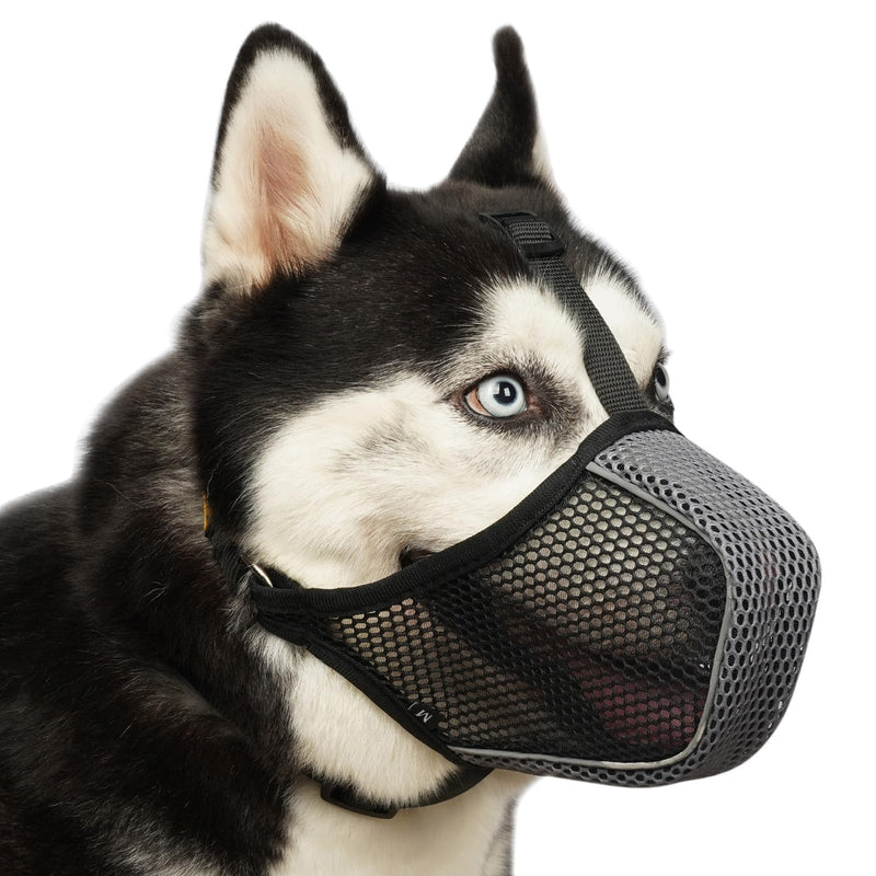 Mayerzon Dog Muzzle, Mesh Soft Muzzle for Large Medium Small Dogs for Scavenging Grooming Biting Chewing, Breathable Reflective Doberman Husky Muzzle with Collar for Labrador Retriever Poodle Black/Grey L-(Snout:10¾"-12") - PawsPlanet Australia