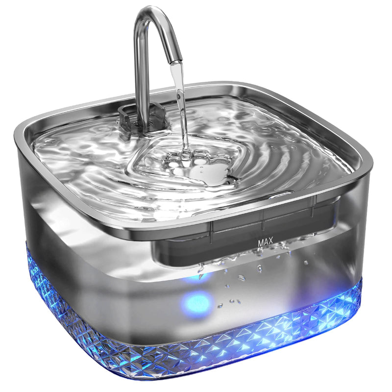 Cat Water Fountain: 75oz/2.2L Automatic Pet Water Dispenser for Cats, 304 Stainless Steel Faucet & Lid Cat Water Bowl Dispenser, Super Silent Pet Water Fountain for Cats Inside, Pump with LED Light Stainless Steel Cat Fountain - PawsPlanet Australia