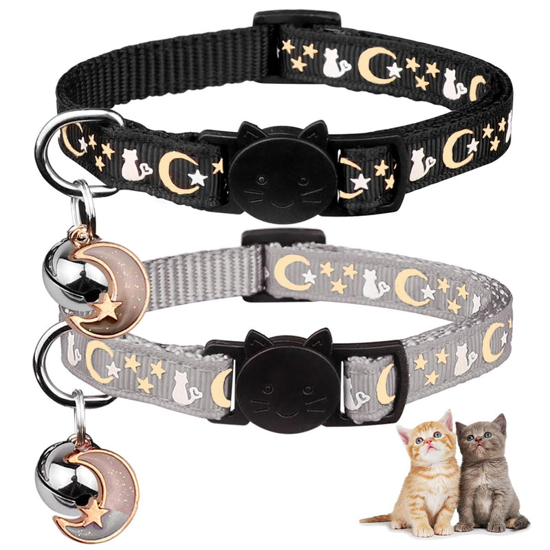 2PCS Breakaway Cat Collars with Bell Cute Kitty Glow in The Dark Adjustable Kitten Collars(Grey&Black) 6.9-10.7 in Grey&Black - PawsPlanet Australia
