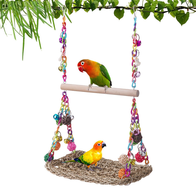 Bird Swing Toys with Wood Perch, Seagrass Woven Parrot Platform Bird Climbing Hanging Hammock Bird Perch Stand Chewing Toy for Parakeets,Budgie, Conure, Cockatiel,Lovebird - PawsPlanet Australia