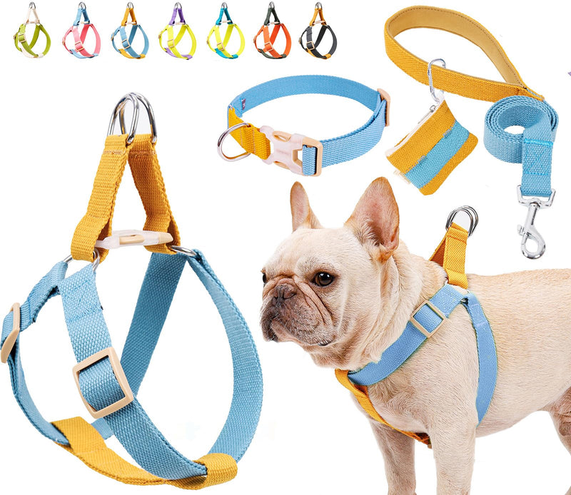 No Pull Dog Harness and Leash Set, Dog Collar, Step in Dog Halter Harness with Poop Bag Holder, Adjustable Lightweight Cotton Straps Suitable for Small Medium Large Dogs Outdoor Walking Running Hiking Blue-Orange-Set L - PawsPlanet Australia