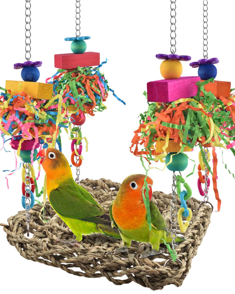 KATUMO Conure Toys, Bird Grass Swing Mat Parrot Climbing Hammock with Colorful Toys for Parakeet, Cockatiel, Sun Conure, Lovebird, Budgie, Small Birds 6.4 x 6.4 x 0.78 inch - PawsPlanet Australia