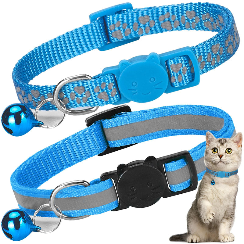 2 Pack Cat Collar with Bells, Reflective Collars for Cats with Breakaway Safety Buckle, Nylon, 7-12 Inch Adjustable, Blue - PawsPlanet Australia