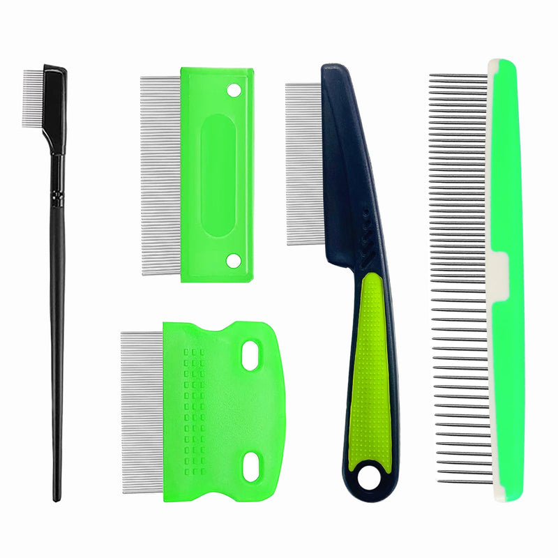 5 Pieces Pet Grooming Comb, Pet Hair Comb Rubber Handle Dog Hair Comb, Dog Eye Combs Pet Grooming Comb Flea Comb for Dog/Cat/Small Pets Removing Eye Mucus, Removes Knots, Mats and Tangles Green,Black - PawsPlanet Australia