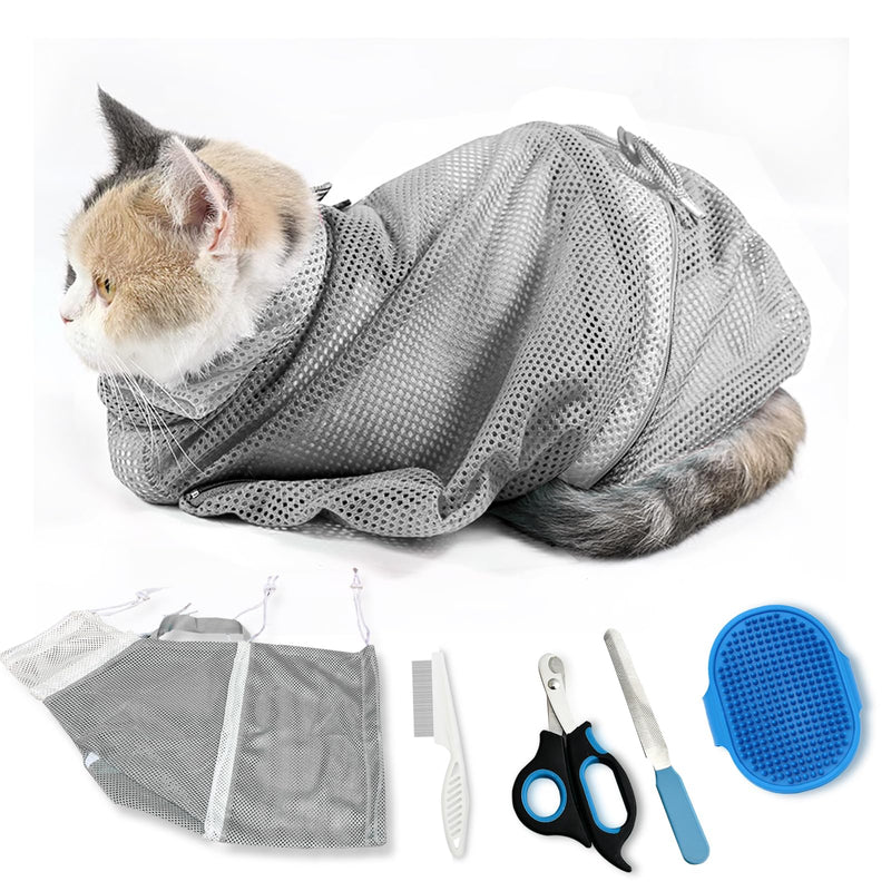 Adjustable Multifunctional Anti-Bite Shower net Bag，Cat Grooming Mesh Bag, Cat Bathing Bag，Cat Bath Brush and Cat Nail Clipper (A-Grey) A-Grey - PawsPlanet Australia