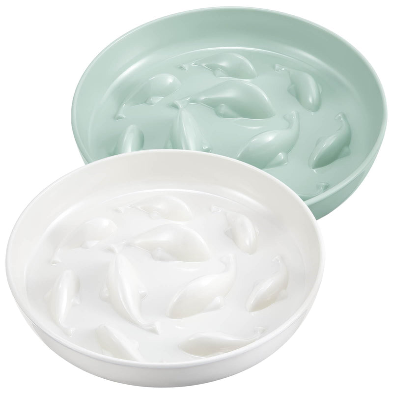 Cat Feeder, 2 Pcs Pet Slow Feeder Bowl, Fish Pool Design, Healthy Eating Diet, Interactive Cat Food Bowl, Dishwasher Safe, Melamine, Green White White, Green - PawsPlanet Australia