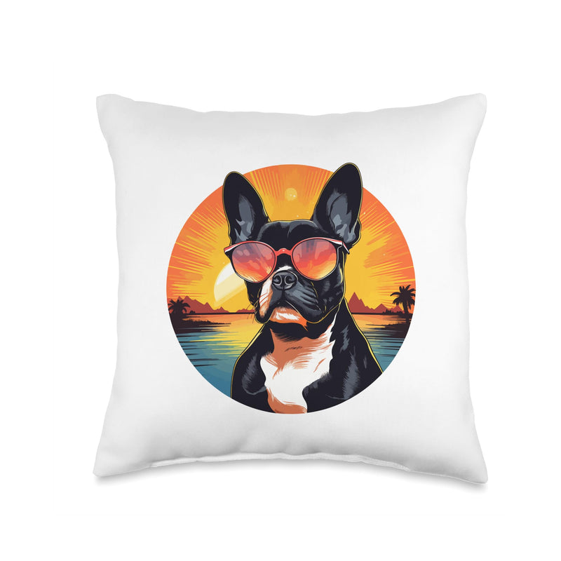 Boston Terrier Bostie Dog Breed Pet Designs Boston Terrier Bostie Dog Breed Pet with Sunglasses Throw Pillow, 16x16, Multicolor - PawsPlanet Australia
