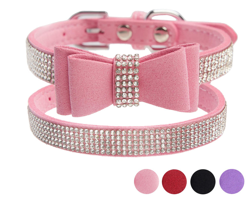 Pink Rhinestone Dog Collars for Medium Dogs, 2-Pack Bling Dog Collar Soft Suede Glitter Diamond Jewelry Crystal Female Puppy Collar with Bow for XS Small Medium Girl Dogs & Cats (M) P M(Neck 12.5"-15") - PawsPlanet Australia