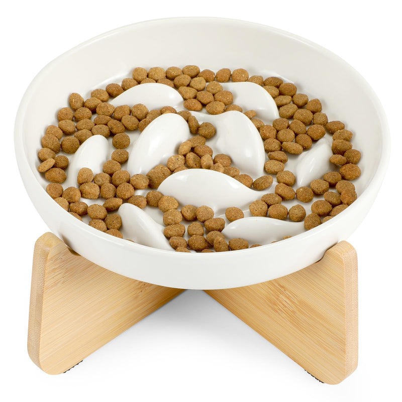 Slow Feeder Cat Bowl with Stand, Ceramic Slow Eating Cat Bowl with Higher Edges Fish Pool Design Elevated Cat Food Bowl for Dry and Wet Food Anti-Vomiting Cat Puzzle Feeder for Healthy Eating Diet White - PawsPlanet Australia