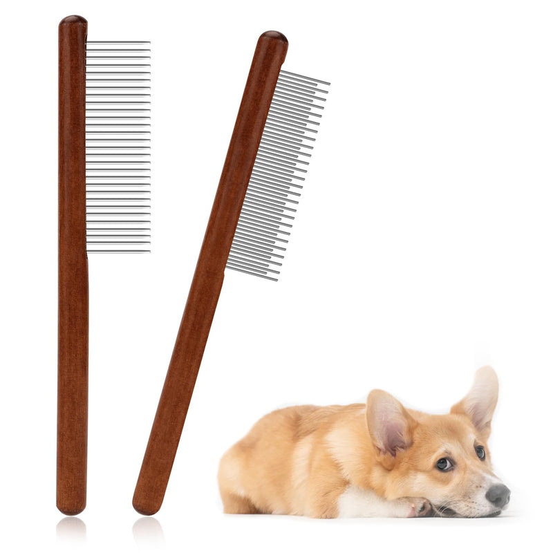 2pcs Solid Wood Grooming Combs with Wide & Narrow Rounded-Tip Steel Teeth - Metal Flea & Lice Comb for Dogs, Cats, Small & Medium Pets' Tangled Hair - PawsPlanet Australia