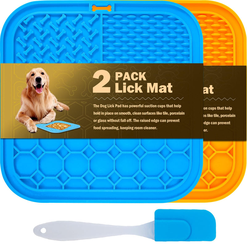 2 PCS Lick Mat for Dogs, Slow Feeder Licking Mat, Anxiety Relief Lick Pad with Suction Cups for Peanut Butter Food Treats Yogurt, Pets Bathing Grooming Training Calming Dog Bowl Mat Large 2PCS Blue+Orange - PawsPlanet Australia