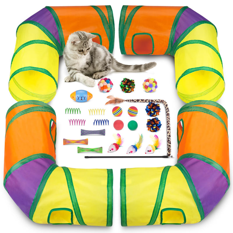 25 Pcs Cat Toys Set,Kitten Toys for Indoor Cats,Collapsible Cat Tunnel Tubes Interactive Feather Teaser Wand Toy for Kitten Cats Springs Mouse Crinkle Toys Rainbow Football Cat Ball with Bell Toy 4PCS L Shape Cat Tunnels - PawsPlanet Australia
