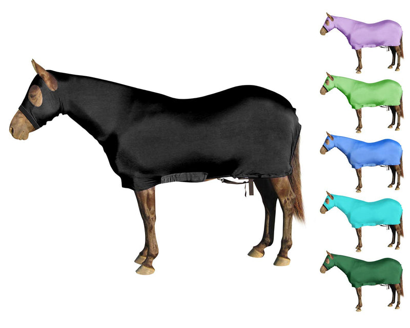 Derby Originals Comfy Stretch Lycra Sleazy Slicker Full Head and Body Sheet with Zipper – 6-Month Warranty Large Mini Horse Black - PawsPlanet Australia