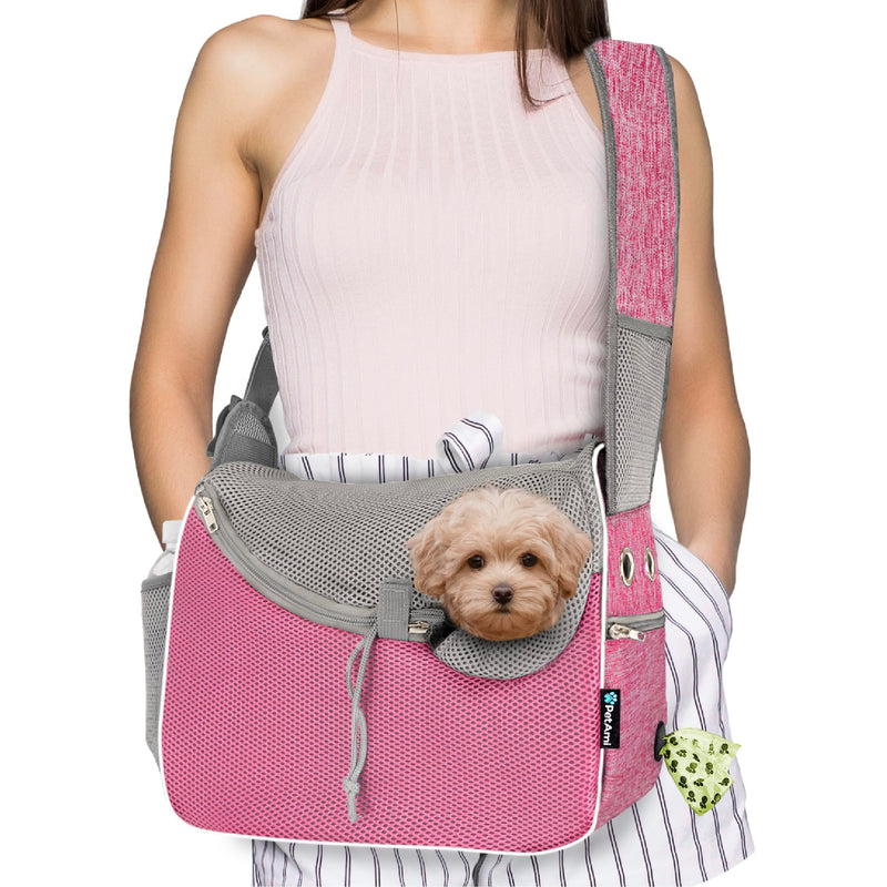 PetAmi Small Dog Sling Carrier, Soft-Sided Crossbody Puppy Carrying Purse Bag, Adjustable Sling Pet Pouch to Wear Medium Dog Cat Travel, Dog Bag for Traveling, Poop Bag Dispenser, Max 10 lbs, Pink - PawsPlanet Australia