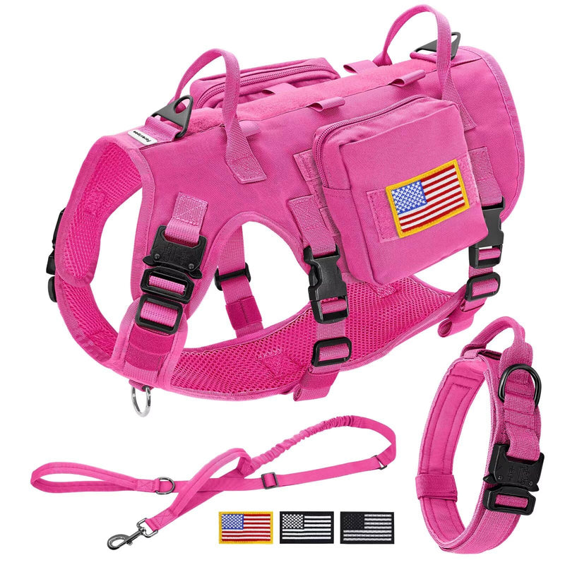 Forestpaw Pink Tactical Dog Harness for Large Dogs,Tactical Dog Collar with Bungee Leash Set,No Pull Military Dog Harness for Walking Training,Adjustable for Medium Large Dogs,Chest 21.5-45" L:Chest 21.5-45",Fit 28-140lbs Hot Pink - PawsPlanet Australia