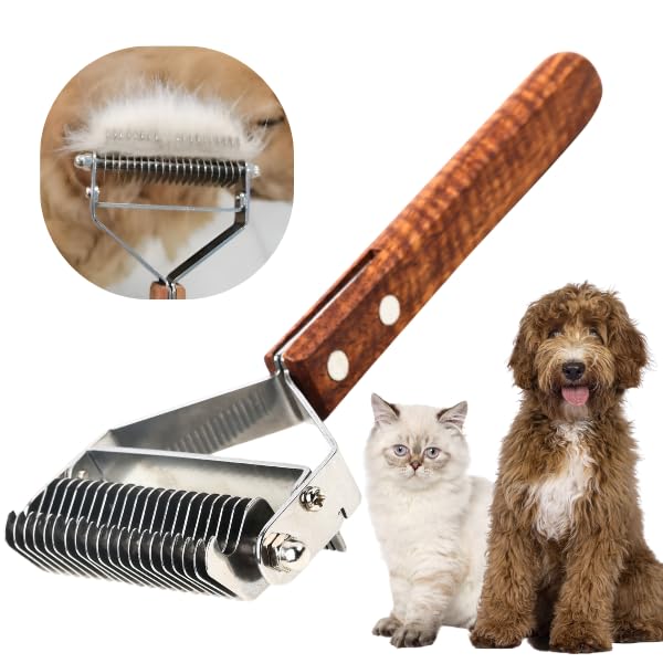 2 in 1 Dogs Cats Dematting Grooming Comb, Perfect Deshedding Undercoat Rake for Poodle & Goldendoodle, Efficiently Detangling Shedding Loose Hair & Matted Fur, All Long Haired Pet (Dark) Dark Walnut
